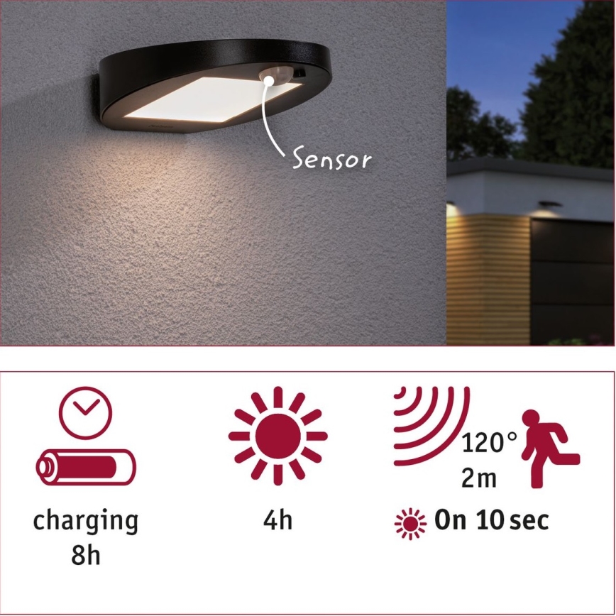 Paulmann 94246 - LED/1,2W IP44 Venkovní solární svítidlo se senzorem RYSE 3,7V 1800 mAh