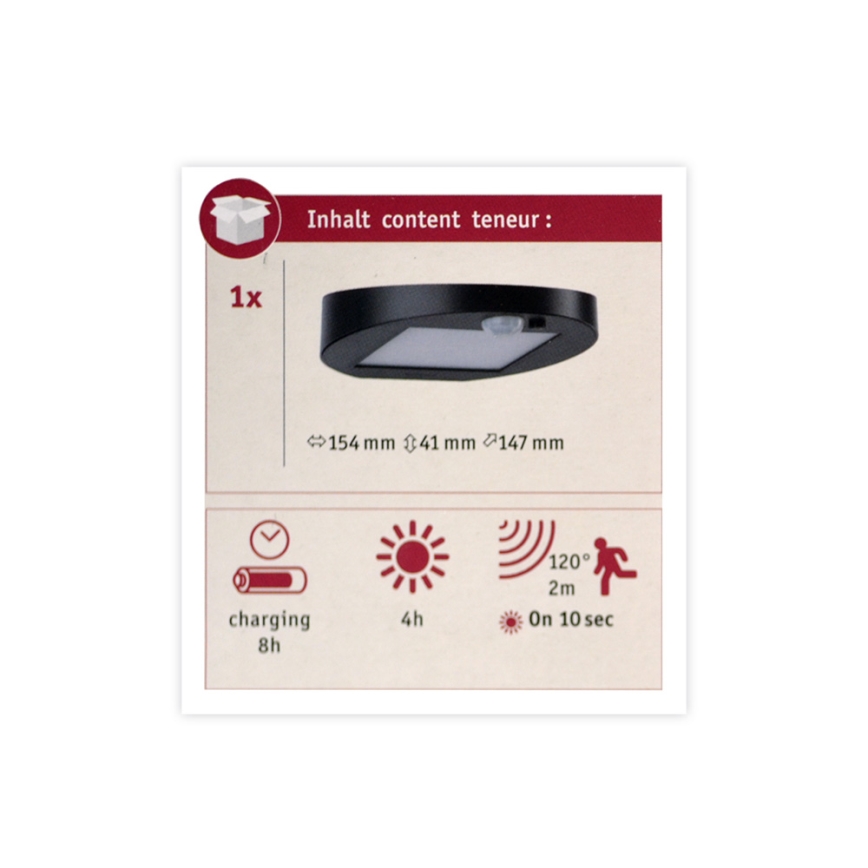 Paulmann 94246 - LED/1,2W IP44 Venkovní solární svítidlo se senzorem RYSE 3,7V 1800 mAh