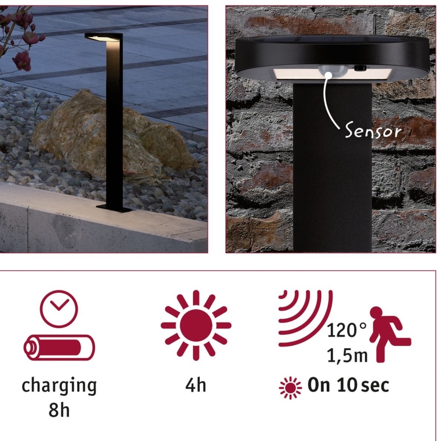 Paulmann 94249 - LED/1,2W IP44 Venkovní solární lampa se senzorem RYSE 3,7V 1800 mAh