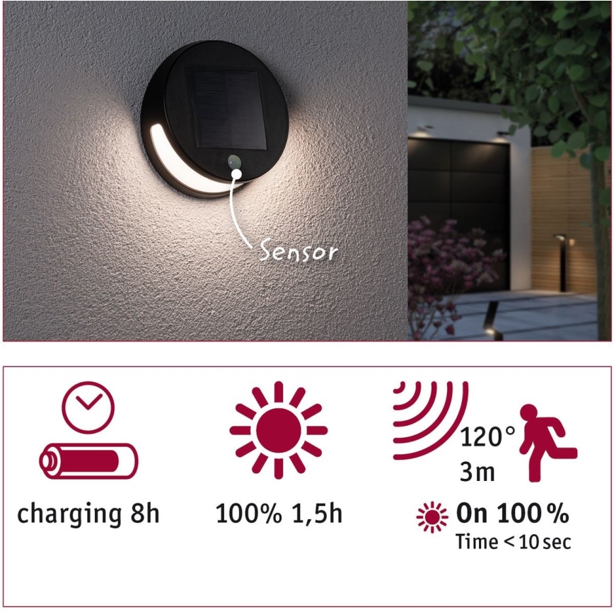 Paulmann 94265 - LED/3W IP44 Venkovní solární svítidlo se senzorem HELENA 3,7V 1800 mAh
