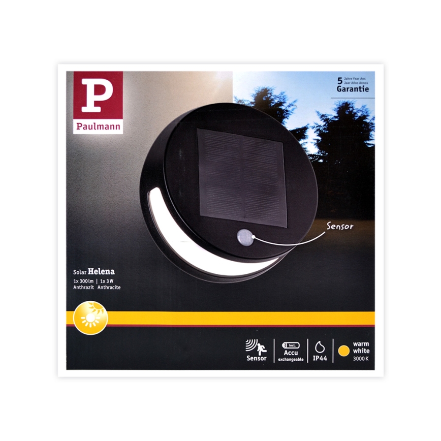 Paulmann 94265 - LED/3W IP44 Venkovní solární svítidlo se senzorem HELENA 3,7V 1800 mAh