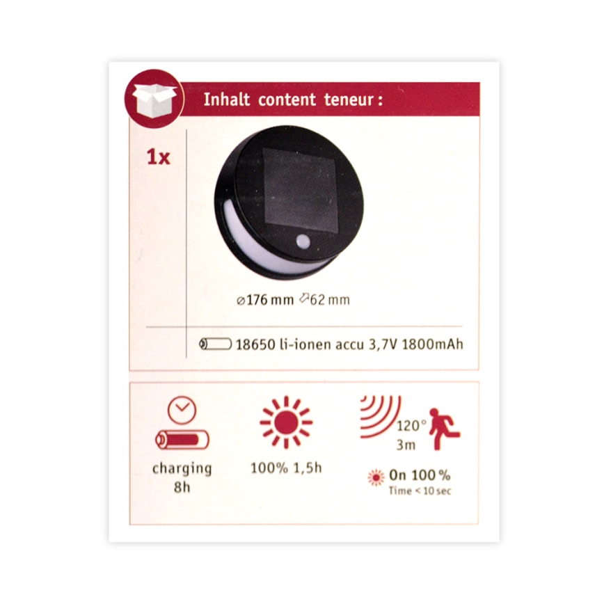 Paulmann 94265 - LED/3W IP44 Venkovní solární svítidlo se senzorem HELENA 3,7V 1800 mAh