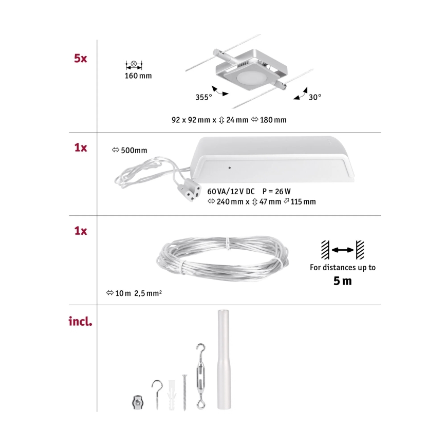 Paulmann 94420 - SADA 5xLED/4,5W Kompletní lankový systém MAC 230V matný chrom
