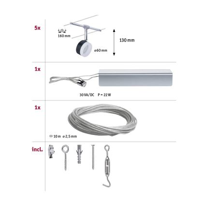 Paulmann 94457 - SADA 5xLED/4W Kompletní lankový systém CLEAR 230V černá/lesklý chrom