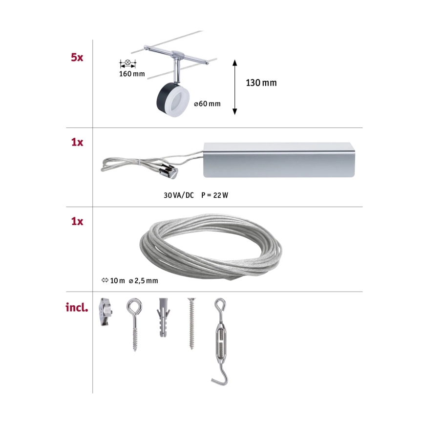 Paulmann 94457 - SADA 5xLED/4W Kompletní lankový systém CLEAR 230V černá/lesklý chrom