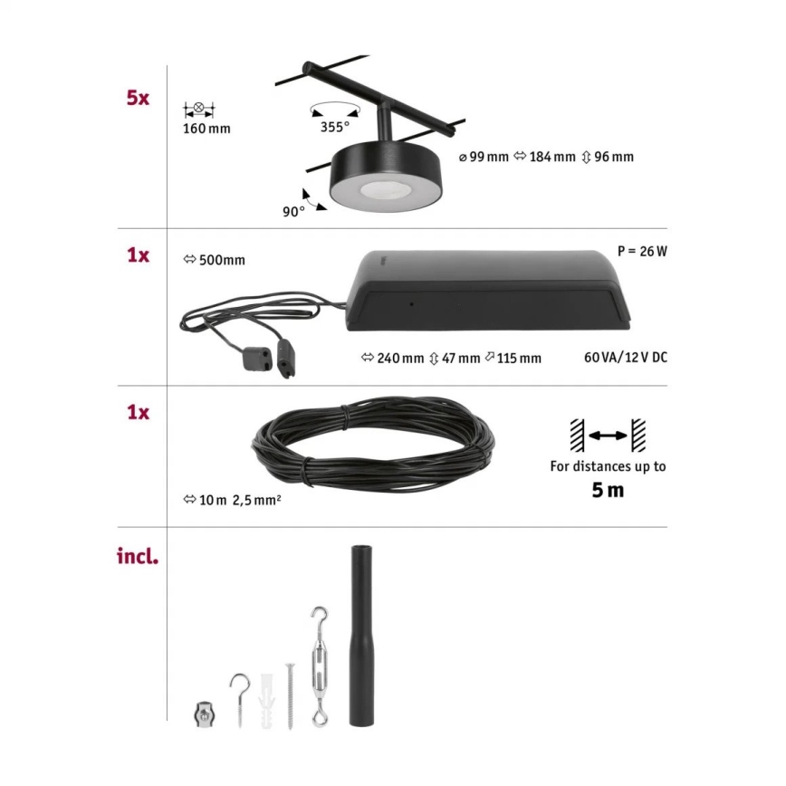 Paulmann 94479 - SADA 5xLED/5W Kompletní lankový systém CIRCLE 230V černá