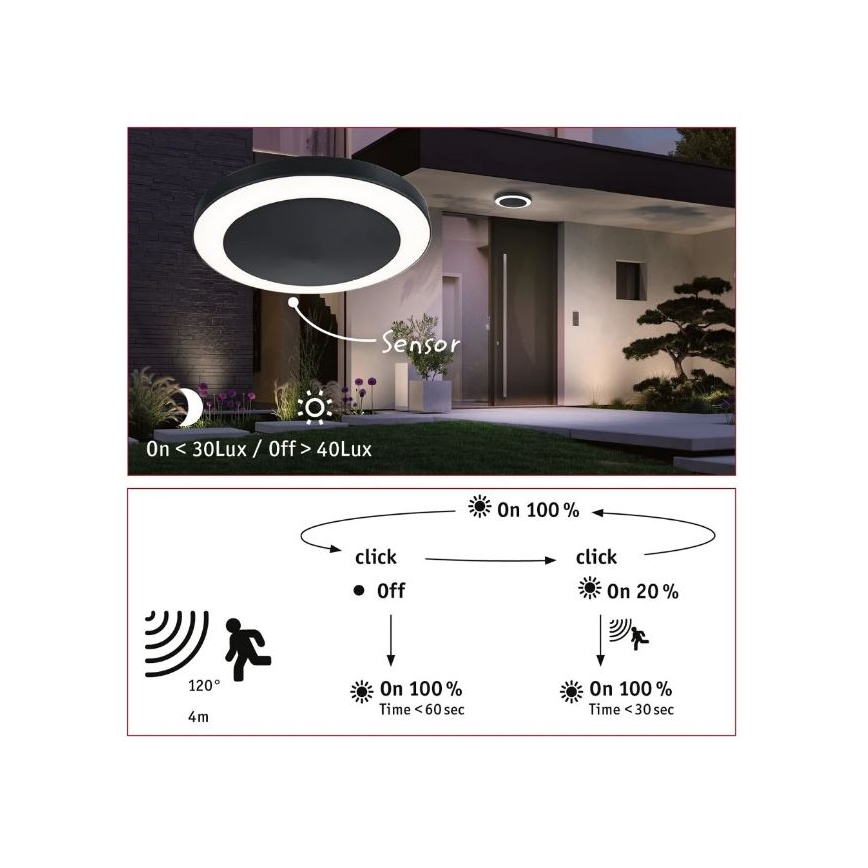 Paulmann 94526 - LED/14W IP44 Venkovní stropní svítidlo se senzorem CIRCULA 230V