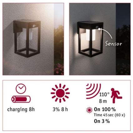 Paulmann 94572 -LED/5,5W IP44 Solární nástěnné svítidlo se senzorem MARISOL 3,7V