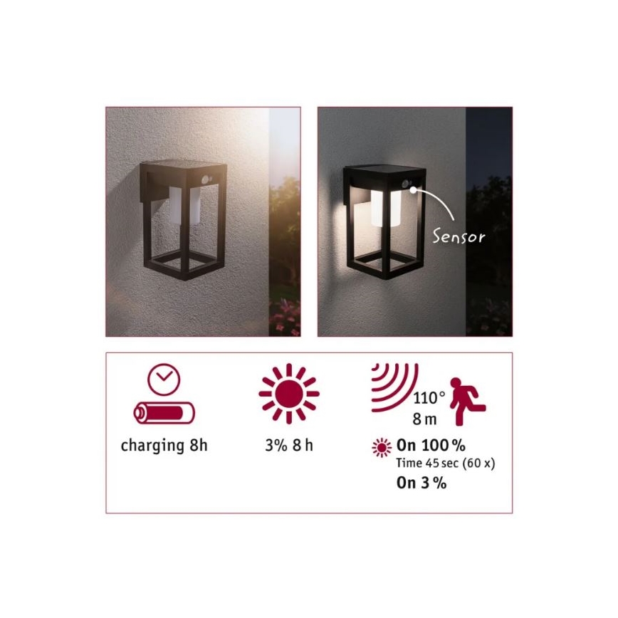 Paulmann 94572 -LED/5,5W IP44 Solární nástěnné svítidlo se senzorem MARISOL 3,7V 2000 mAh