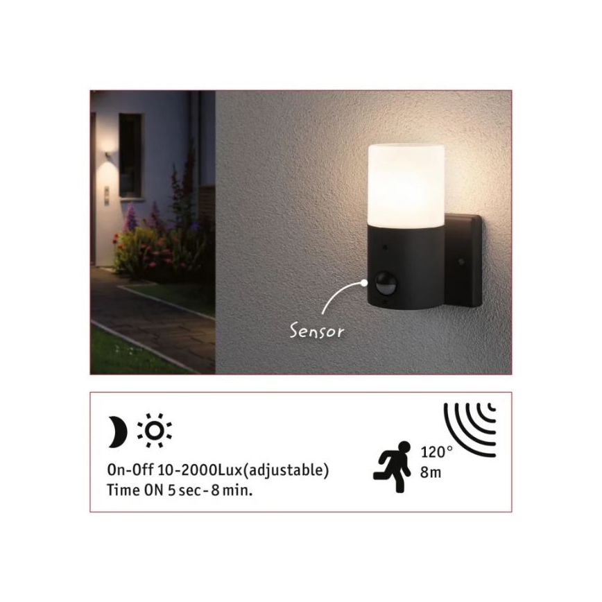 Paulmann 94648 - 1xE27/15W IP44 Venkovní nástěnné svítidlo se senzorem TUBS 230V