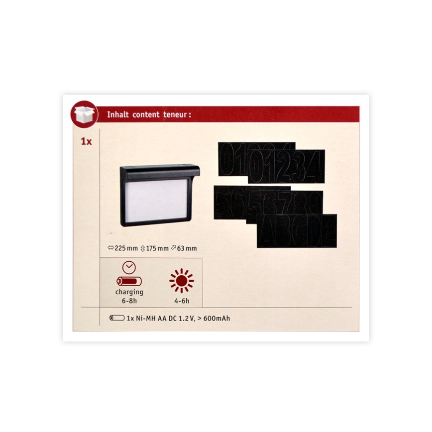 Paulmann 95388 - LED/0,05W IP44 Solární domovní číslo se senzorem DAYTON 1,2V 600 mAh