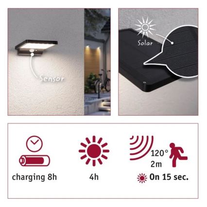 Paulmann 95393 - LED/4W IP44 Stmívatelné solární nástěnné svítidlo se senzorem SOLVEIG 3,7V 2000 mAh