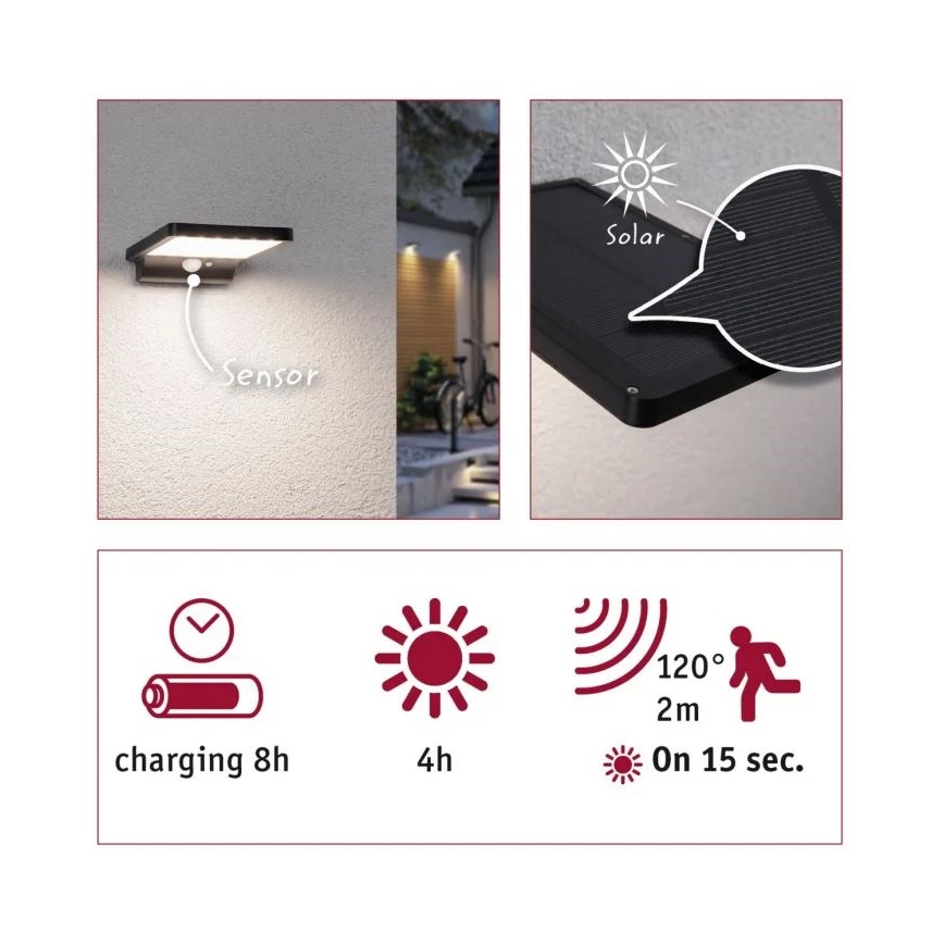 Paulmann 95393 - LED/4W IP44 Stmívatelné solární nástěnné svítidlo se senzorem SOLVEIG 3,7V 2000 mAh