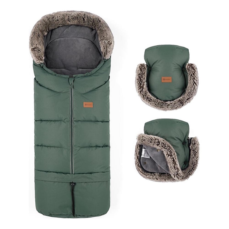 PETITE&MARS - SADA Dětský fusak 4v1 ARCTIC + rukávníky na kočárek FURRY Veritable Khaki