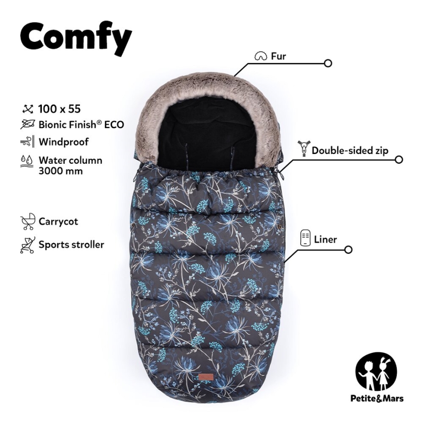PETITE&MARS - SADA Dětský fusak 4v1 COMFY + rukávníky na kočárek FURRY Elegant Caramel