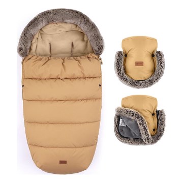 PETITE&MARS - SADA Dětský fusak 4v1 COMFY + rukávníky na kočárek FURRY Elegant Caramel