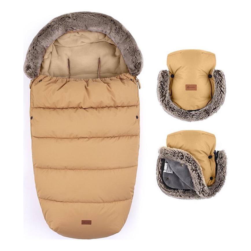PETITE&MARS - SADA Dětský fusak 4v1 COMFY + rukávníky na kočárek FURRY Elegant Caramel
