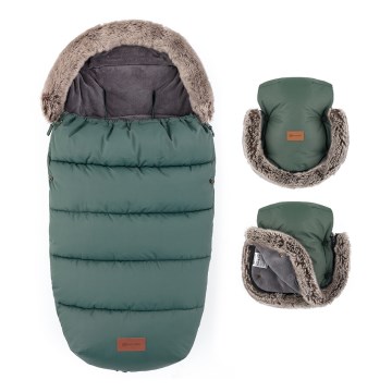 PETITE&MARS - SADA Dětský fusak 4v1 COMFY + rukávníky na kočárek FURRY Khaki
