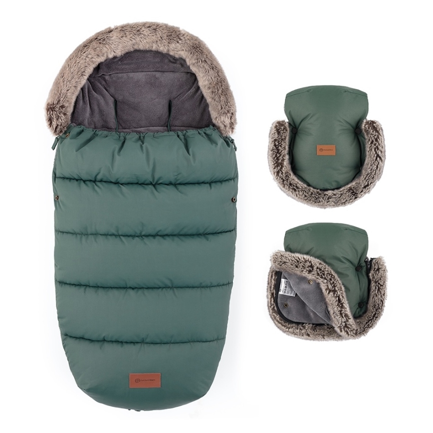 PETITE&MARS - SADA Dětský fusak 4v1 COMFY + rukávníky na kočárek FURRY Khaki