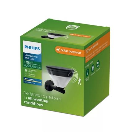 Philips - LED Solární nástěnná lampa se senzorem KYNA LED/3,8W/3,7V 800 mAh 2700K IP44 černá