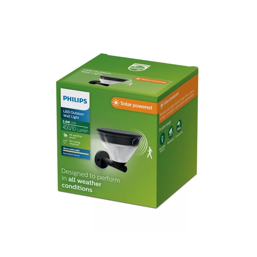 Philips - LED Solární nástěnná lampa se senzorem KYNA LED/3,8W/3,7V 800 mAh 2700K IP44 černá