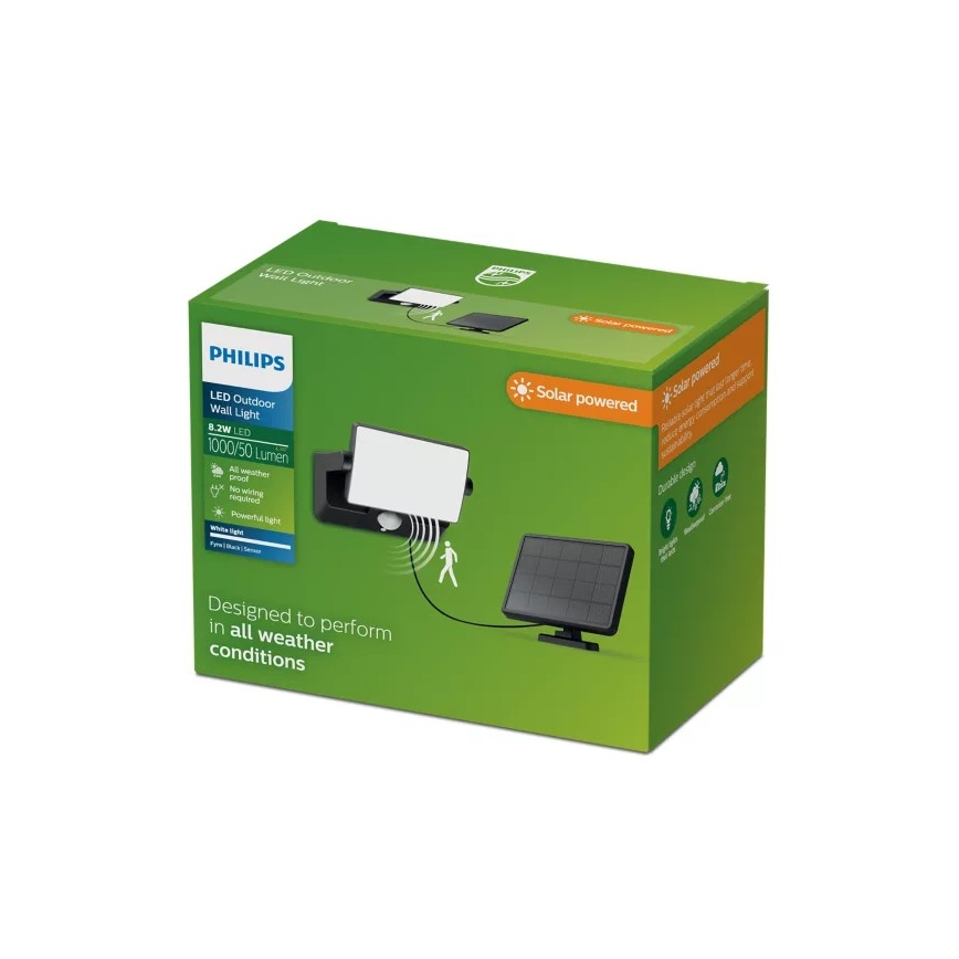 Philips - LED Solární nástěnný reflektor se senzorem FYNS LED/8,2W/3,7V 2600 mAh 3000K IP44 černá