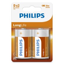 Philips R20L2B/10 - 2 ks Zinkochloridová baterie D LONGLIFE 1,5V 5000mAh