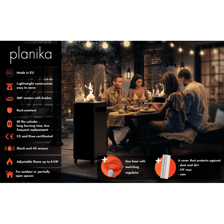Planika - Venkovní plynový krb 142x36 cm 8kW 1xAAA šedá + ochranný kryt