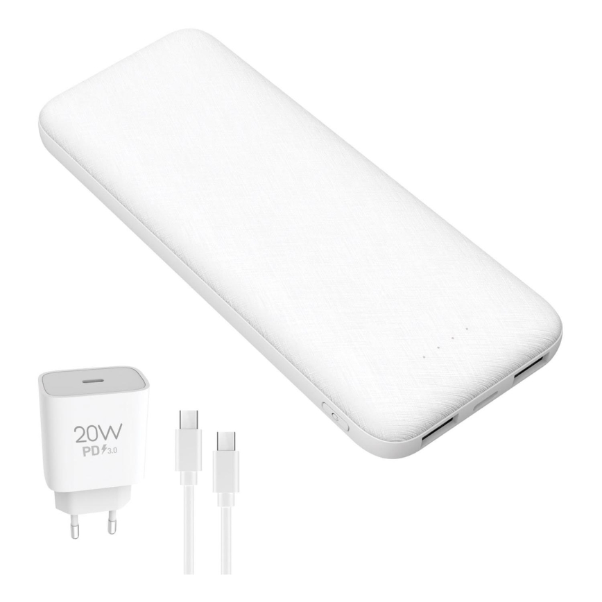 Power Bank 10000 mAh + adaptér 20W Power Delivery + USB-C/USB-C kabel 1m bílá