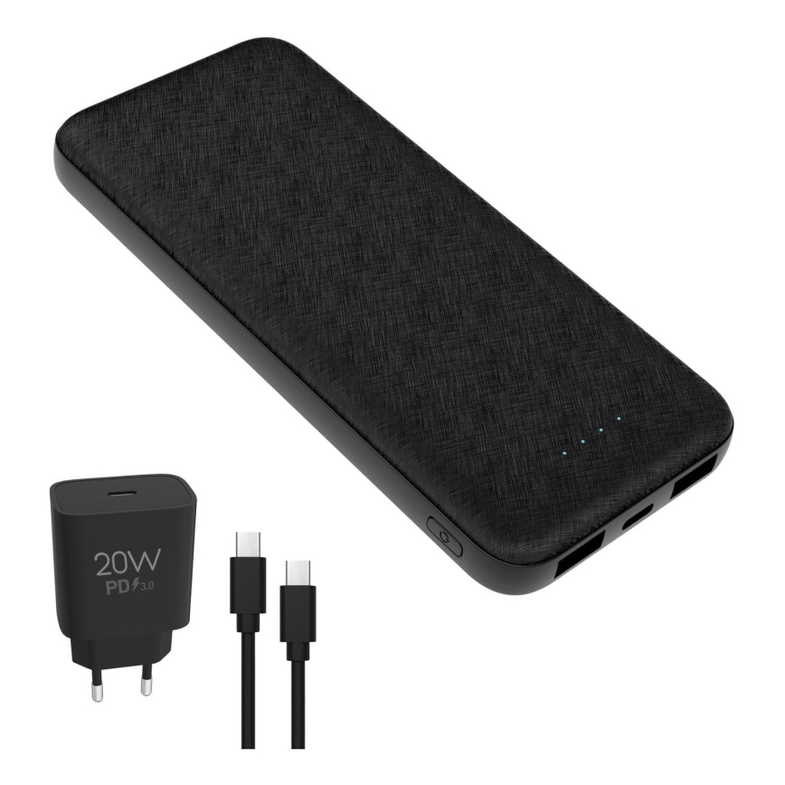 Power Bank 10000 mAh + adaptér 20W Power Delivery + USB-C/USB-C kabel 1m černá