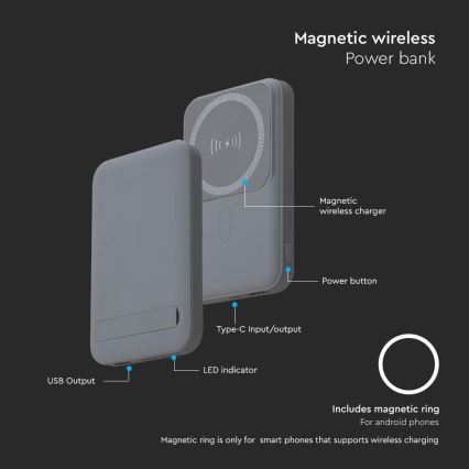 Power Bank magnetická s bezdrátovým nabíjením Power Delivery 10 000mAh/20W/3,7V šedá