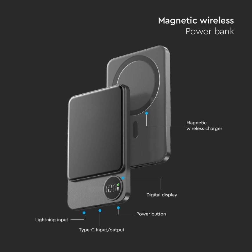 Power Bank s displejem a bezdrátovým nabíjením Power Delivery 10000mAh/20W/5V černá