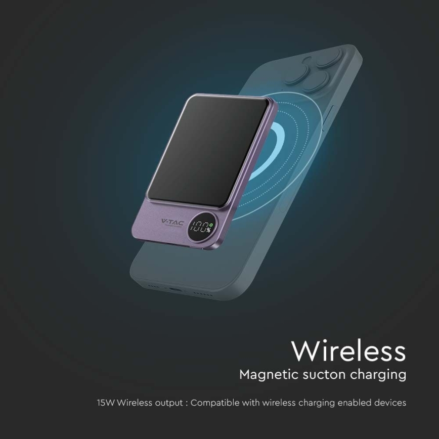 Power Bank s displejem a bezdrátovým nabíjením Power Delivery 5000mAh/20W/5V fialová