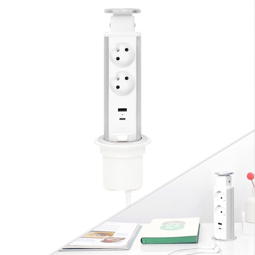 Přípojný zásuvkový sloupek pro desku stolu 2x230V + USB-A + USB-C