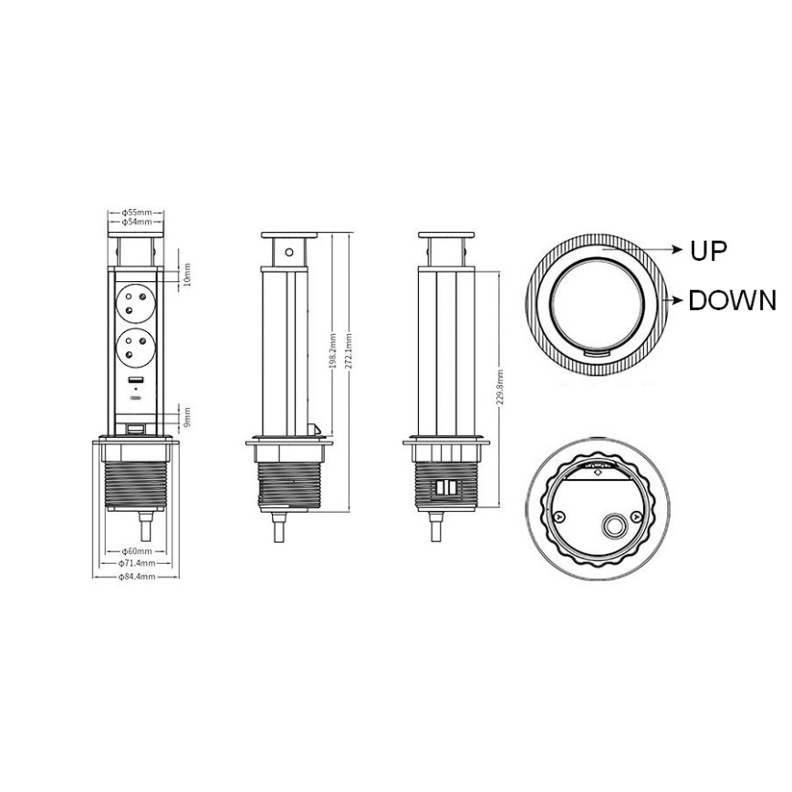 Přípojný zásuvkový sloupek pro desku stolu 2x230V + USB-A + USB-C