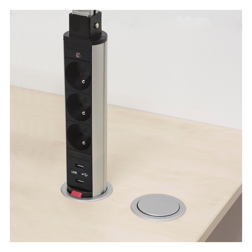 Přípojný zásuvkový sloupek pro desku stolu 3x230V + 2xUSB