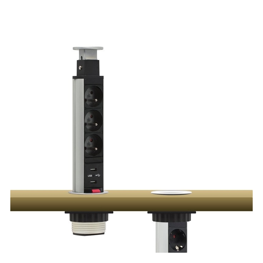 Přípojný zásuvkový sloupek pro desku stolu 3x230V + 2xUSB