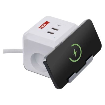 Prodlužovací kabel kostka s bezdrátovým nabíjením QI 2Z +2xUSB-A+1xUSB-C 2m bílá