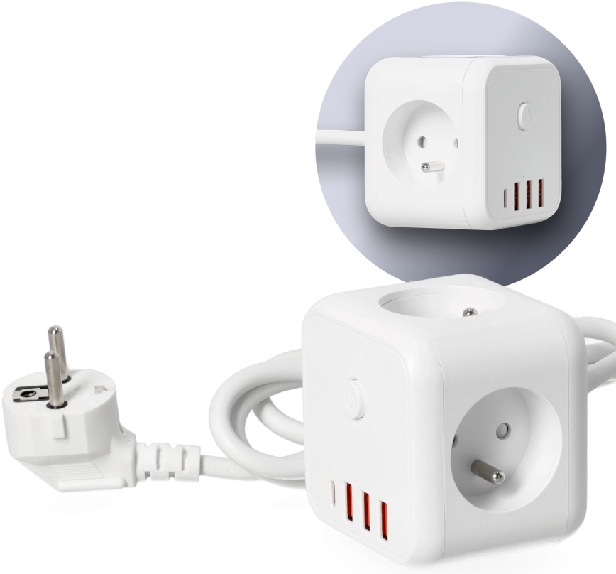 Prodlužovací kabel kostka s vypínačem LINEA 3x230V + 4xUSB A/C bílá