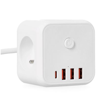 Prodlužovací kabel kostka s vypínačem LINEA 3x230V + 4xUSB A/C bílá
