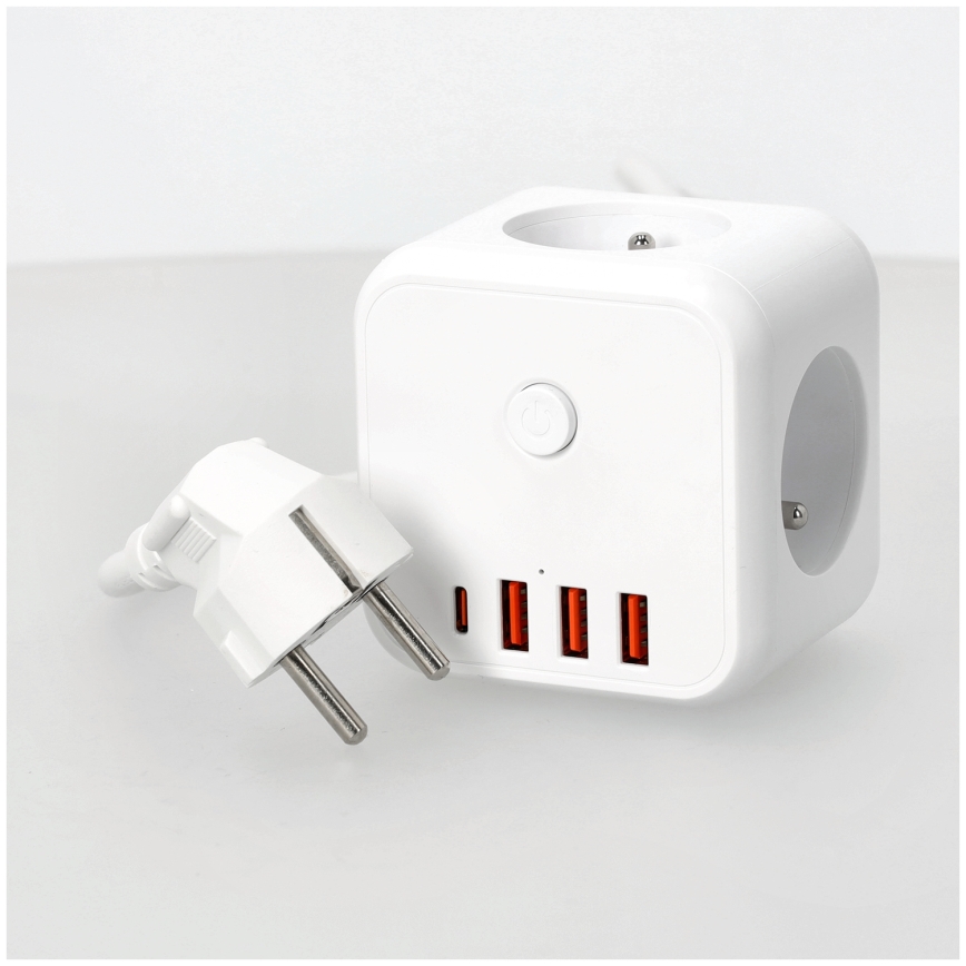 Prodlužovací kabel kostka s vypínačem LINEA 3x230V + 4xUSB A/C bílá