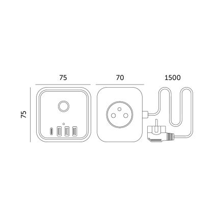 Prodlužovací kabel kostka s vypínačem LINEA 3x230V + 4xUSB A/C bílá