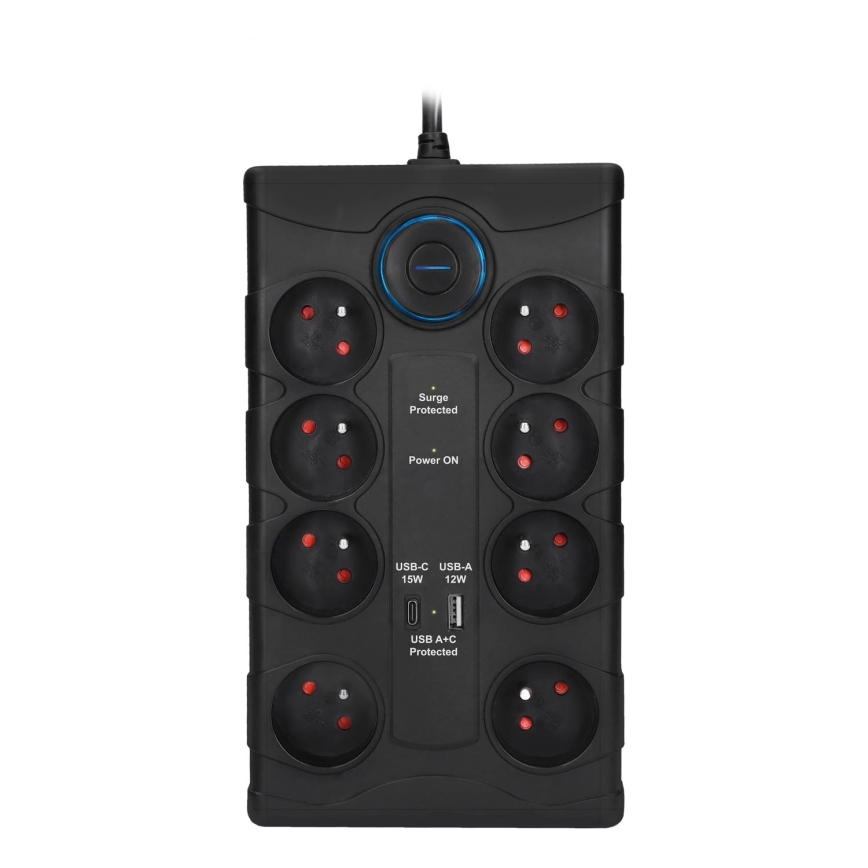 Prodlužovací kabel s vypínačem a přepěťovou ochranou 8Z Typ E + 1xUSB-A + 1xUSB-C 2m černá