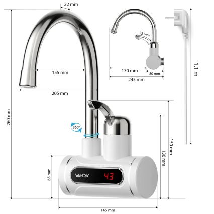Průtokový ohřívač vody s LED displejem 3000W/230V IPX4 bílá