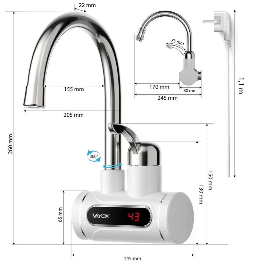 Průtokový ohřívač vody s LED displejem 3000W/230V IPX4 bílá