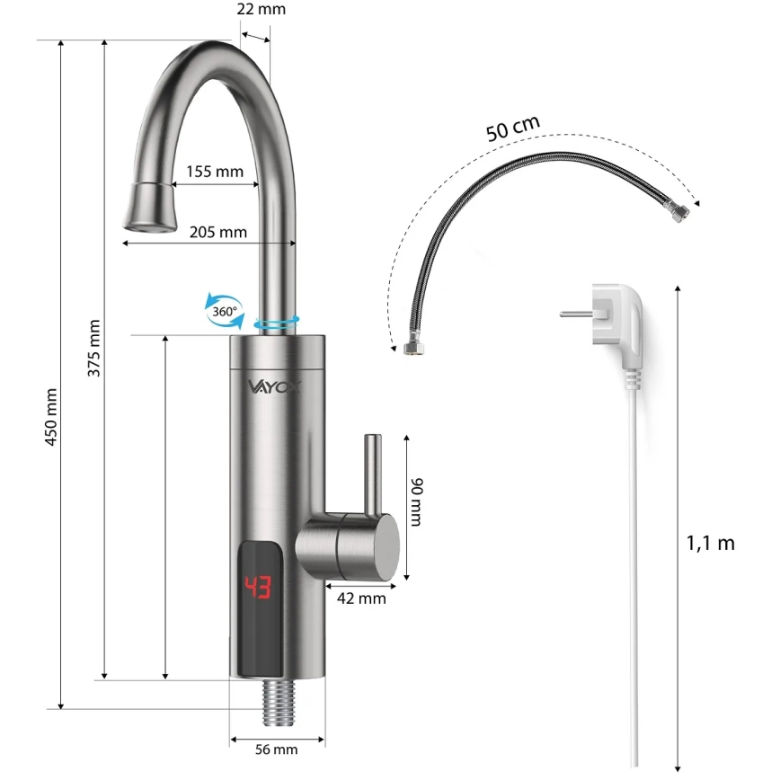 Průtokový ohřívač vody s LED displejem 3000W/230V IPX4 nerezová ocel