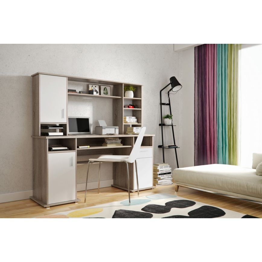 Psací stůl s policí ELIAN dub sonoma šedá/bílá