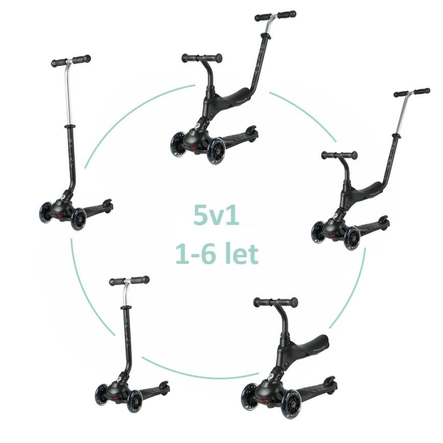 QPlay - Dětská koloběžka s LED kolečky 5v1 SEMA PRO černá