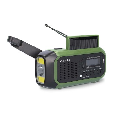 Rádio DAB+/FM na kliku se solárním panelem a LED svítilnou 5V/2500 mAh zelená/černá