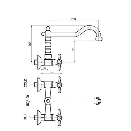 RAV Slezák MK102.5/28SM - Umyvadlová/dřezová baterie MORAVA RETRO 16,8 cm stará mosaz